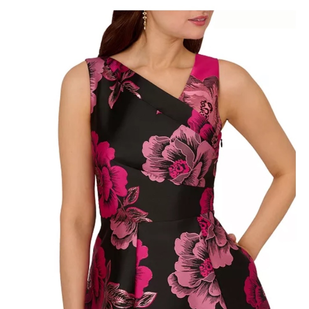 Adrianna Papell floral jacquard hight-low hem Pink and Black Floral Dress - Picture 5 of 14